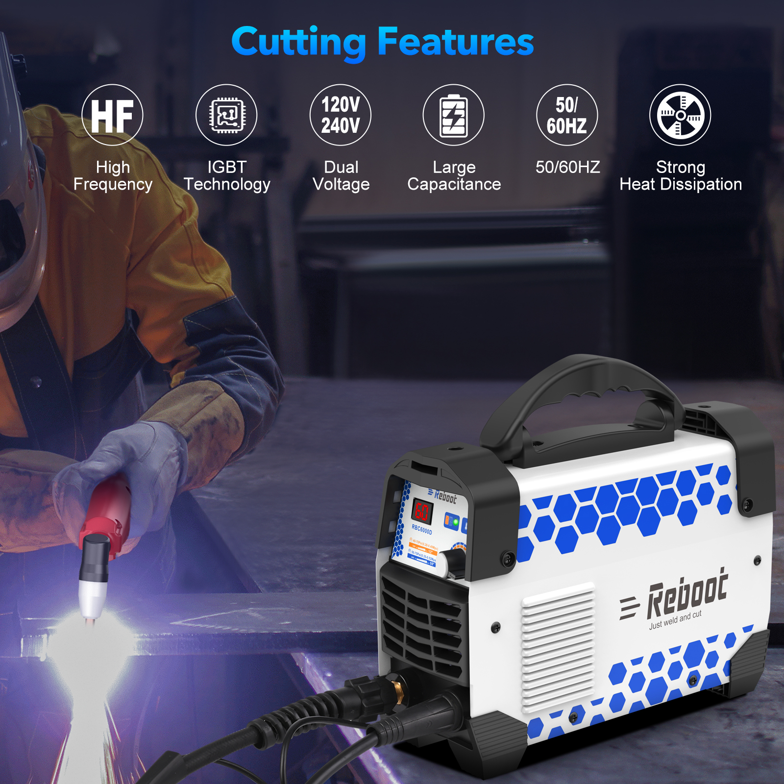 Reboot 60A Plasma Cutter Dual Voltage 120V/240V, 1/2