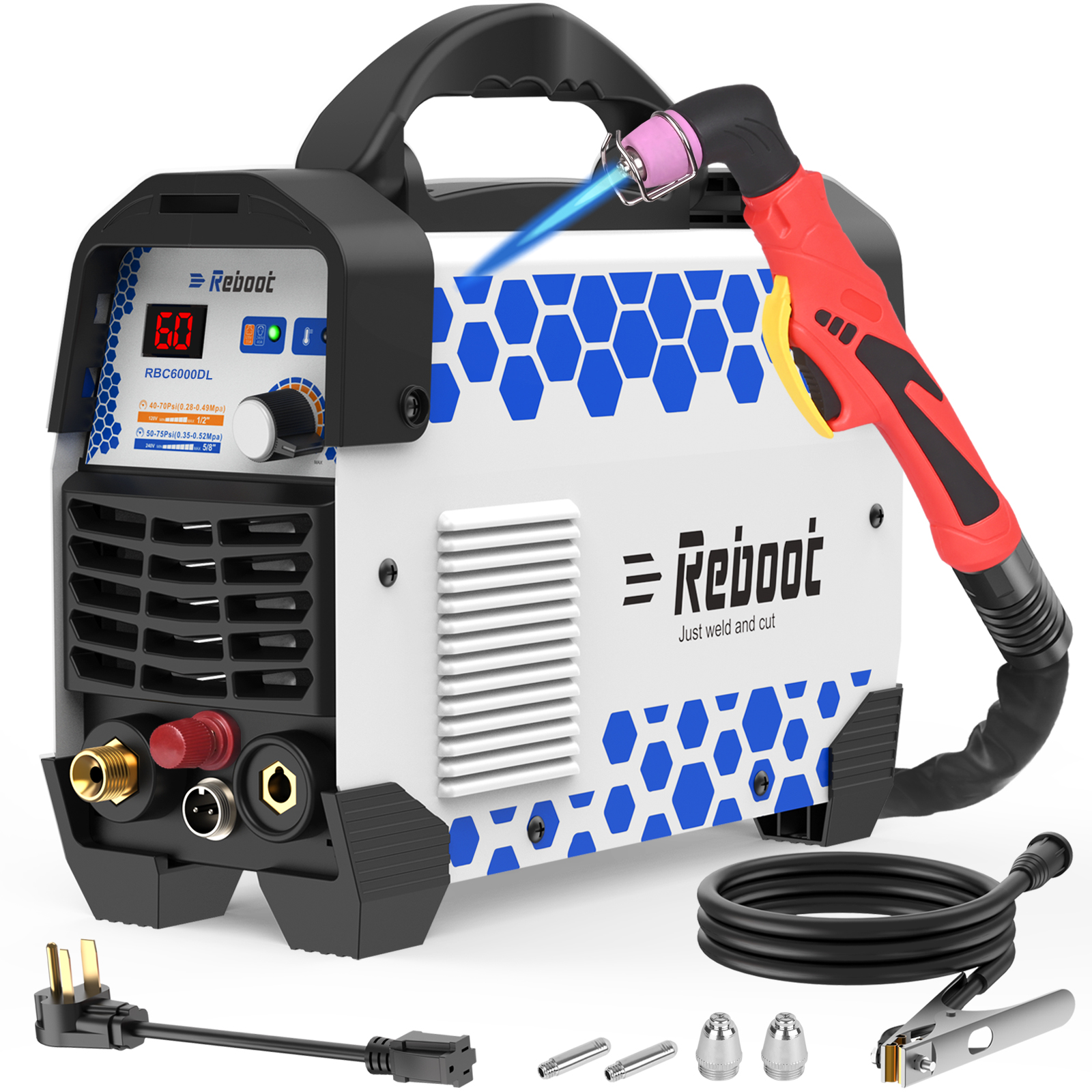 Reboot Plasma Cutter, 2025 Upgraded 60Amps Cutter Machine with 120/240V Dual Voltage DC Inverter IGBT 1/2 Inch Clean Cut for Beginners DIY and Small Business Projects