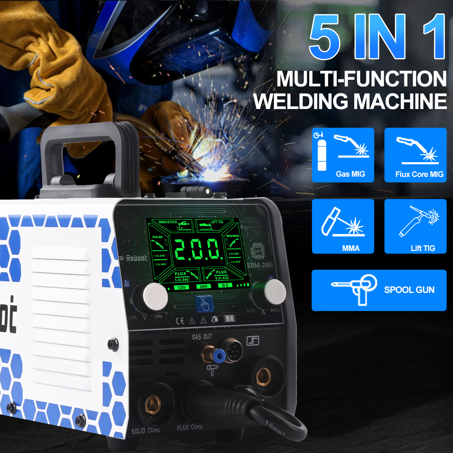 Reboot RBM2000 5-in-1 Welder 120V/240V with Spool Gun - 2025 Upgrade Complete Kit for Aluminum Welding, Steel, Metal Finishing, MIG, Flux Core, Lift TIG, Stick Welding Machine