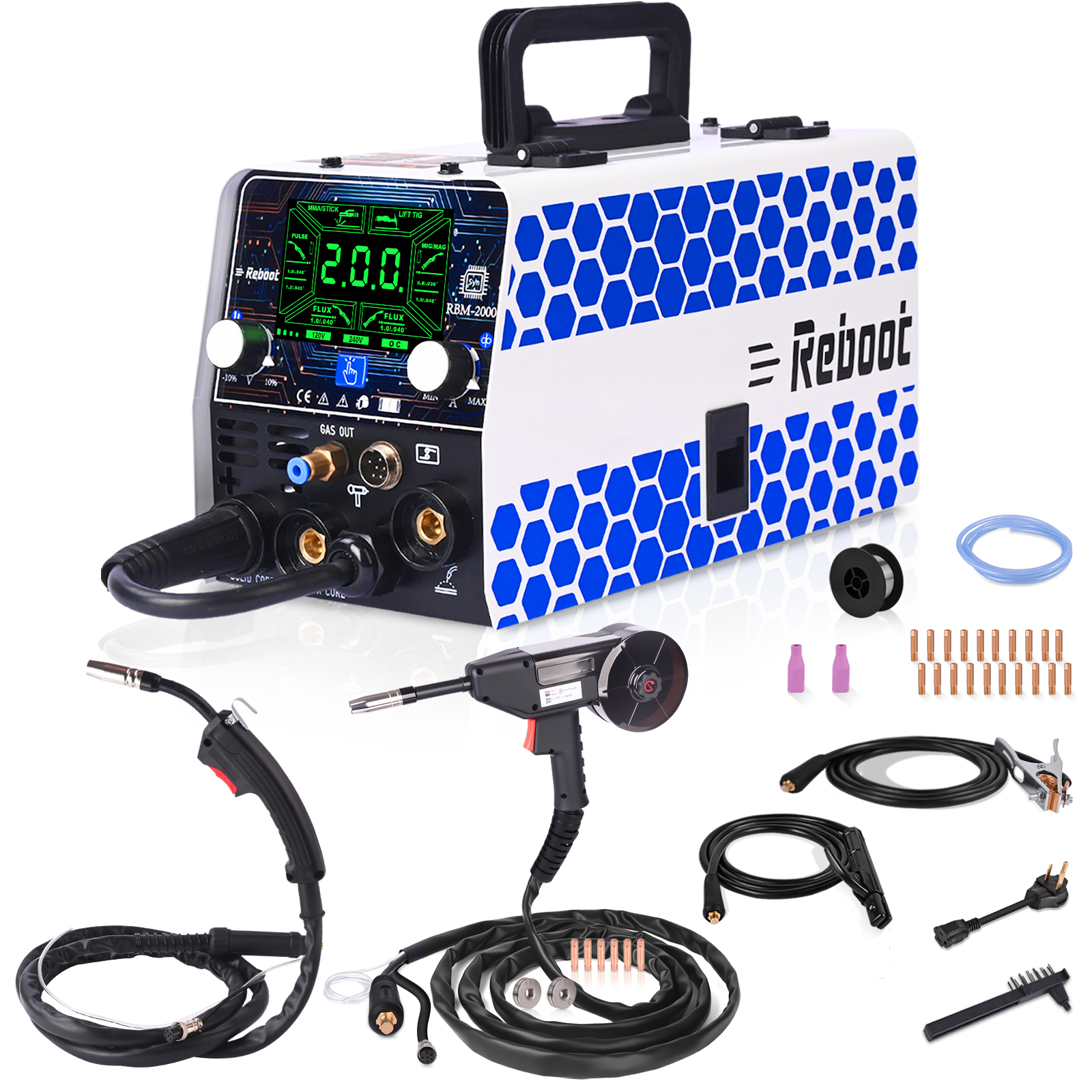 Reboot RBM2000 5-in-1 Welder 120V/240V with Spool Gun - 2025 Upgrade Complete Kit for Aluminum Welding, Steel, Metal Finishing, MIG, Flux Core, Lift TIG, Stick Welding Machine