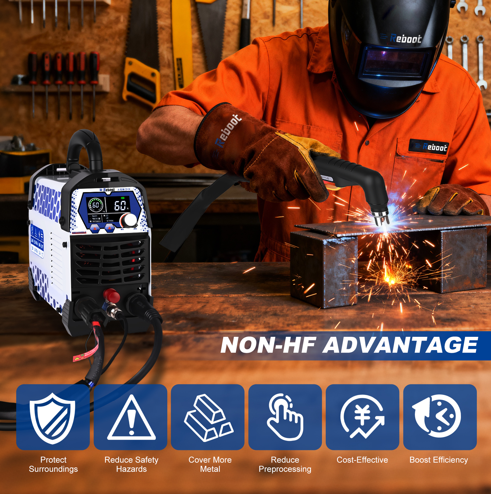 Reboot Plasma Cutter Non-High Frequency Non-Touch Pilot Arc, 120V/240V Dual Voltage, 1 Inch Max Cut 5/8 Inch Clean Cut, Mesh Cutting, 2T/4T, Large LED Display for Beginners DIY