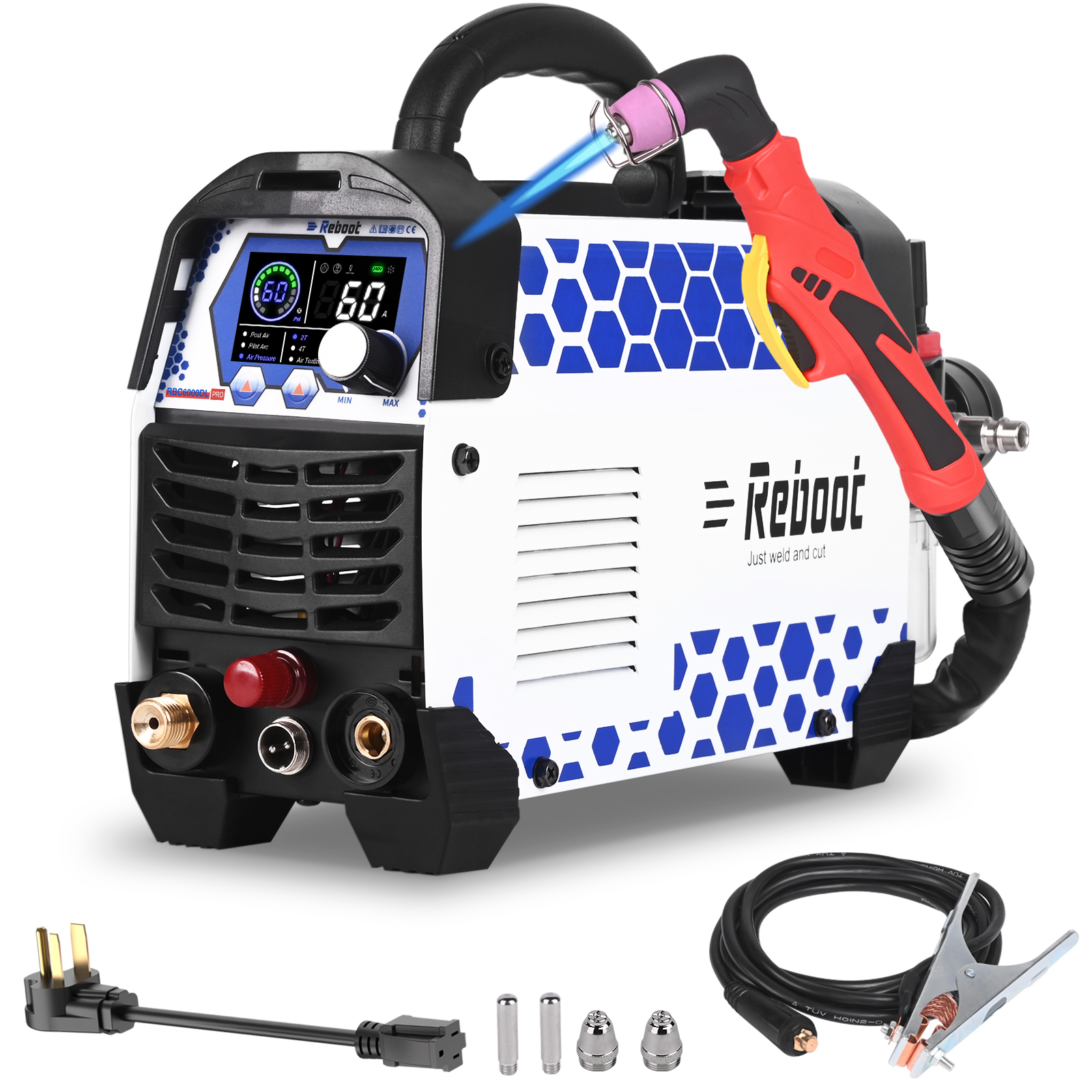 Reboot Pro 60A Plasma Cutter 2025, Pilot Arc Non-Contact Cutting, 120V/240V Dual Voltage,Large Digital Smart Screen, Enhanced for Metal/Mesh/Stainless Steel, 1/2'' Clean Cut 3/4