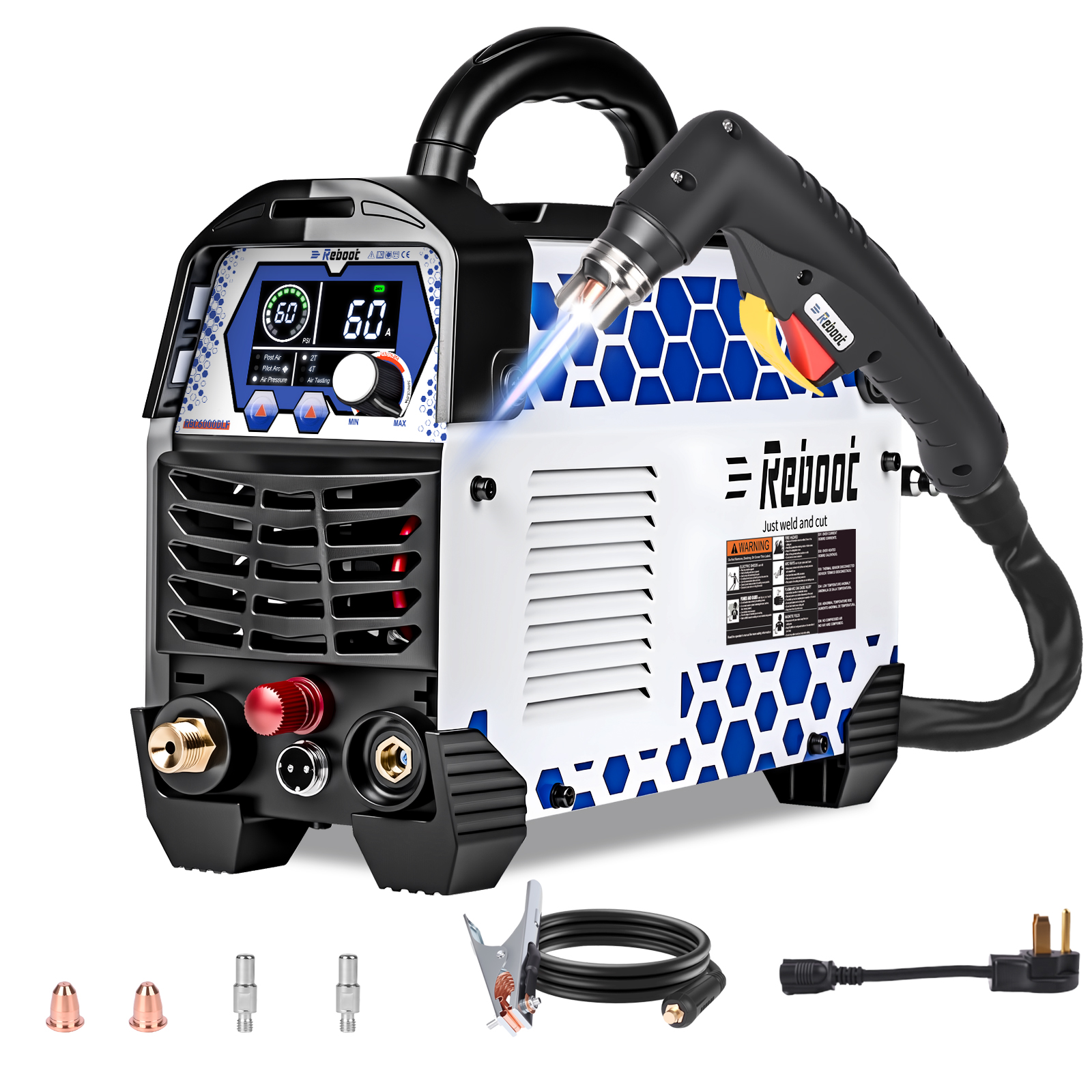 Reboot Plasma Cutter Non-High Frequency Non-Touch Pilot Arc, 120V/240V Dual Voltage, 1 Inch Max Cut 5/8 Inch Clean Cut, Mesh Cutting, 2T/4T, Large LED Display for Beginners DIY
