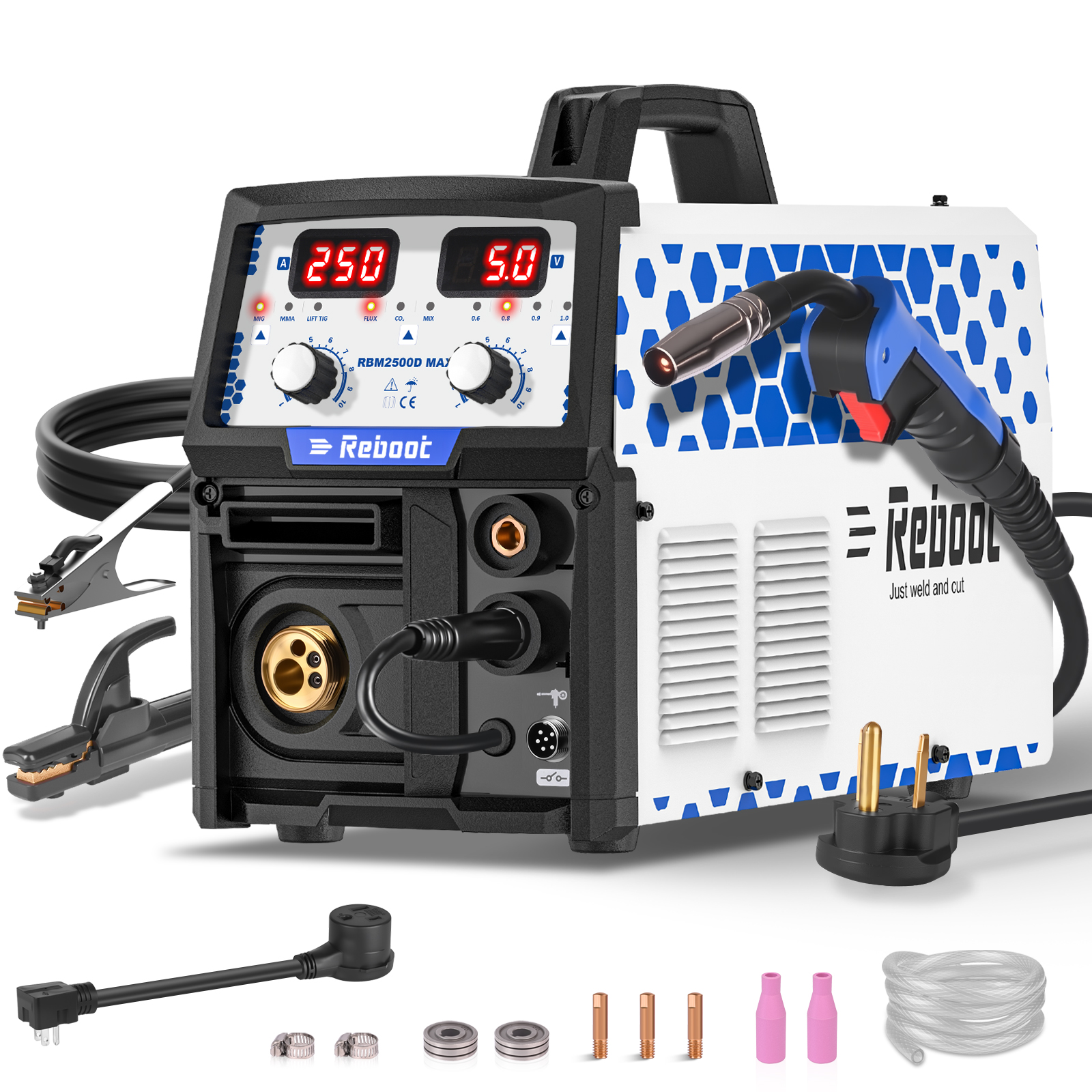 Reboot RBM2500 MAX 5-in-1 Welder 120V/240V , Complete Kit for Aluminum Welding, Steel, Metal Finishing, MIG, Flux Core, Lift TIG, Stick Welding Machine