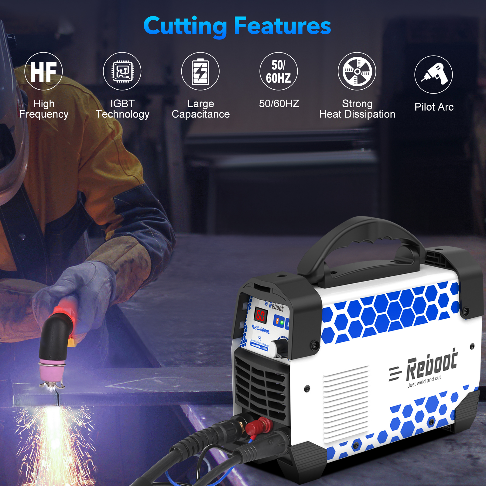Reboot Plasma Cutter, 2025 Upgraded 60Amps Portable IGBT Inverter, 1/2 Inch Clean Cut for DIY and Small Business Projects