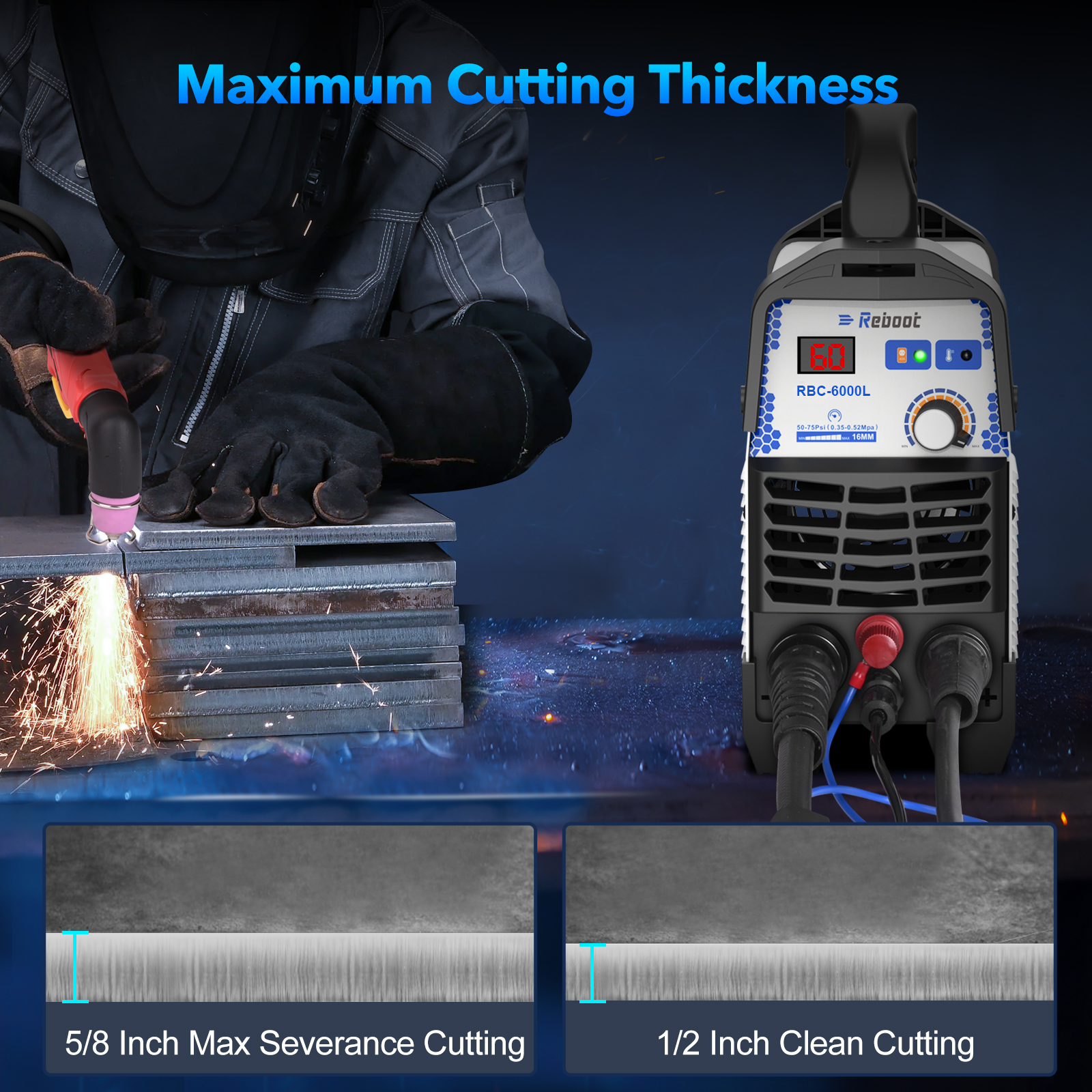Reboot Plasma Cutter, 2025 Upgraded 60Amps Portable IGBT Inverter, 1/2 Inch Clean Cut for DIY and Small Business Projects