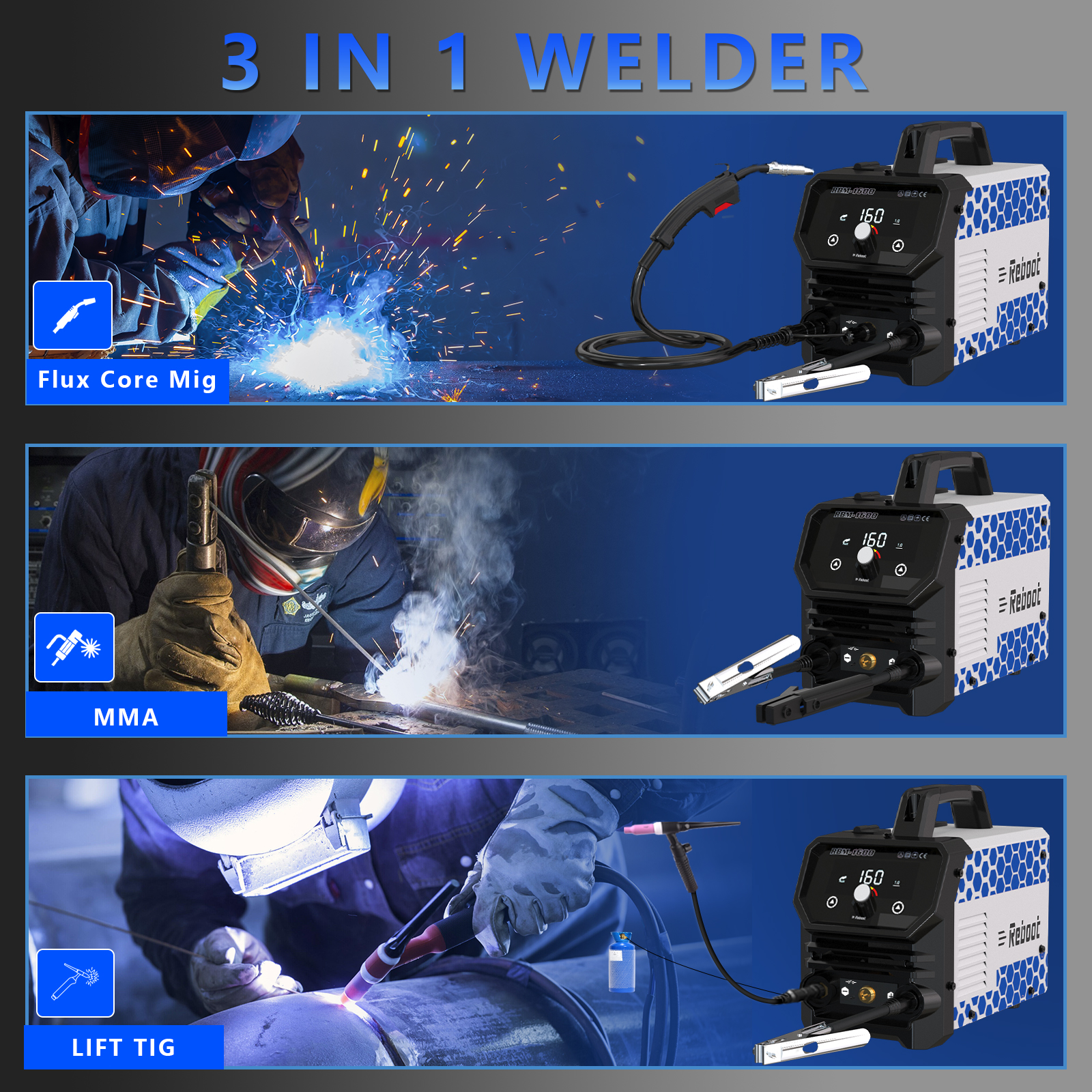 Reboot 160A MIG Welder,3-in-1 120V Welding Machine