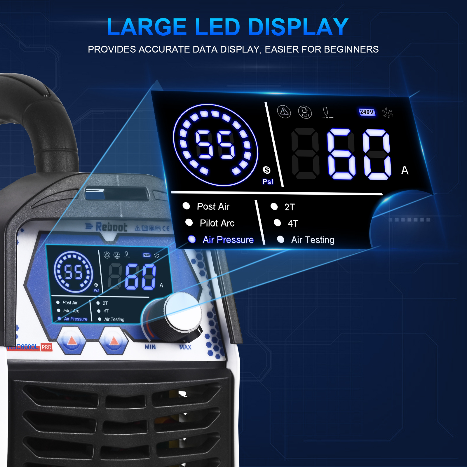 Reboot Pro 60A Plasma Cutter 2025, Pilot Arc Non-Contact Cutting, 120V/240V Dual Voltage,Large Digital Smart Screen, Enhanced for Metal/Mesh/Stainless Steel, 1/2'' Clean Cut 3/4