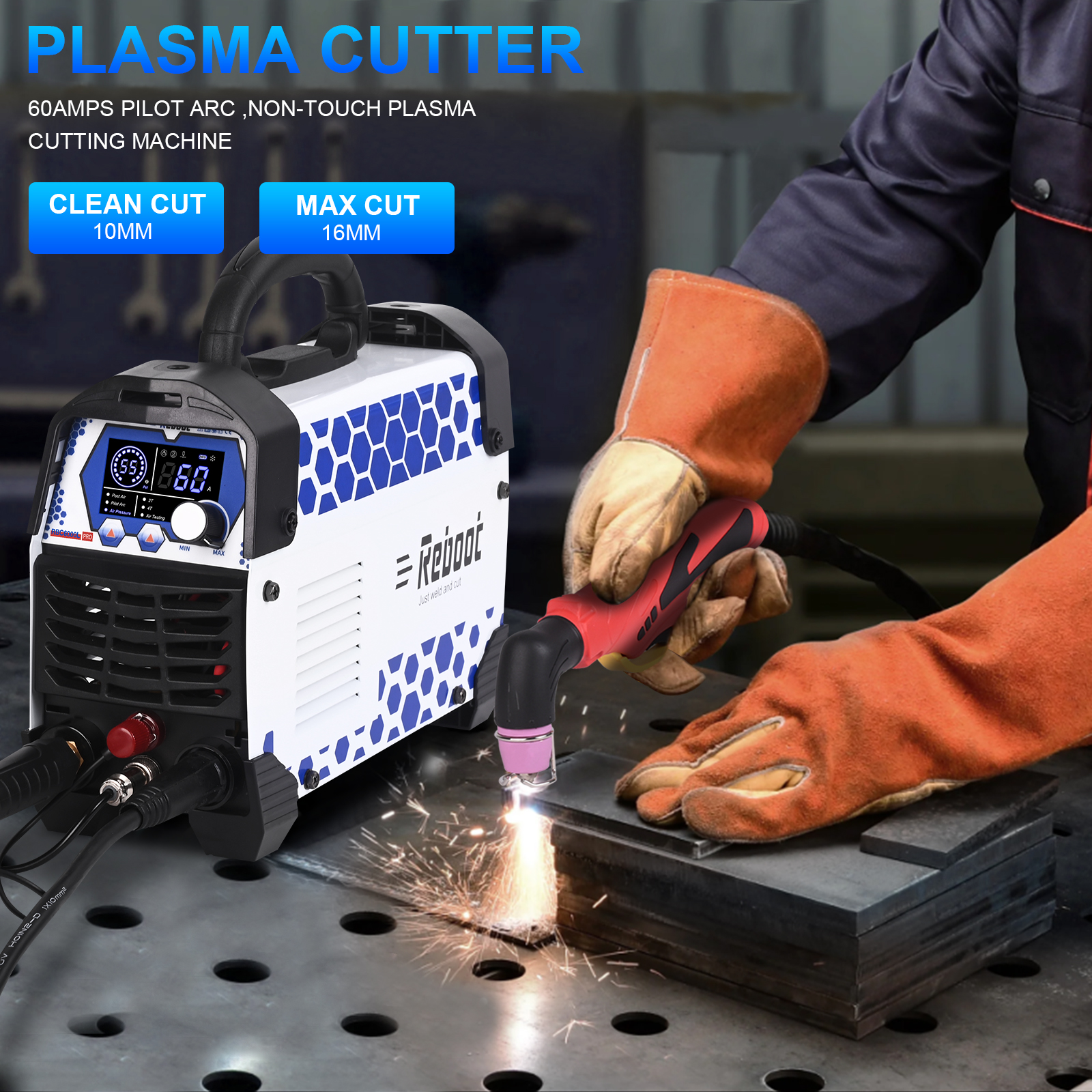 Reboot Pro 60A Plasma Cutter 2025, Pilot Arc Non-Contact Cutting, 120V/240V Dual Voltage,Large Digital Smart Screen, Enhanced for Metal/Mesh/Stainless Steel, 1/2'' Clean Cut 3/4