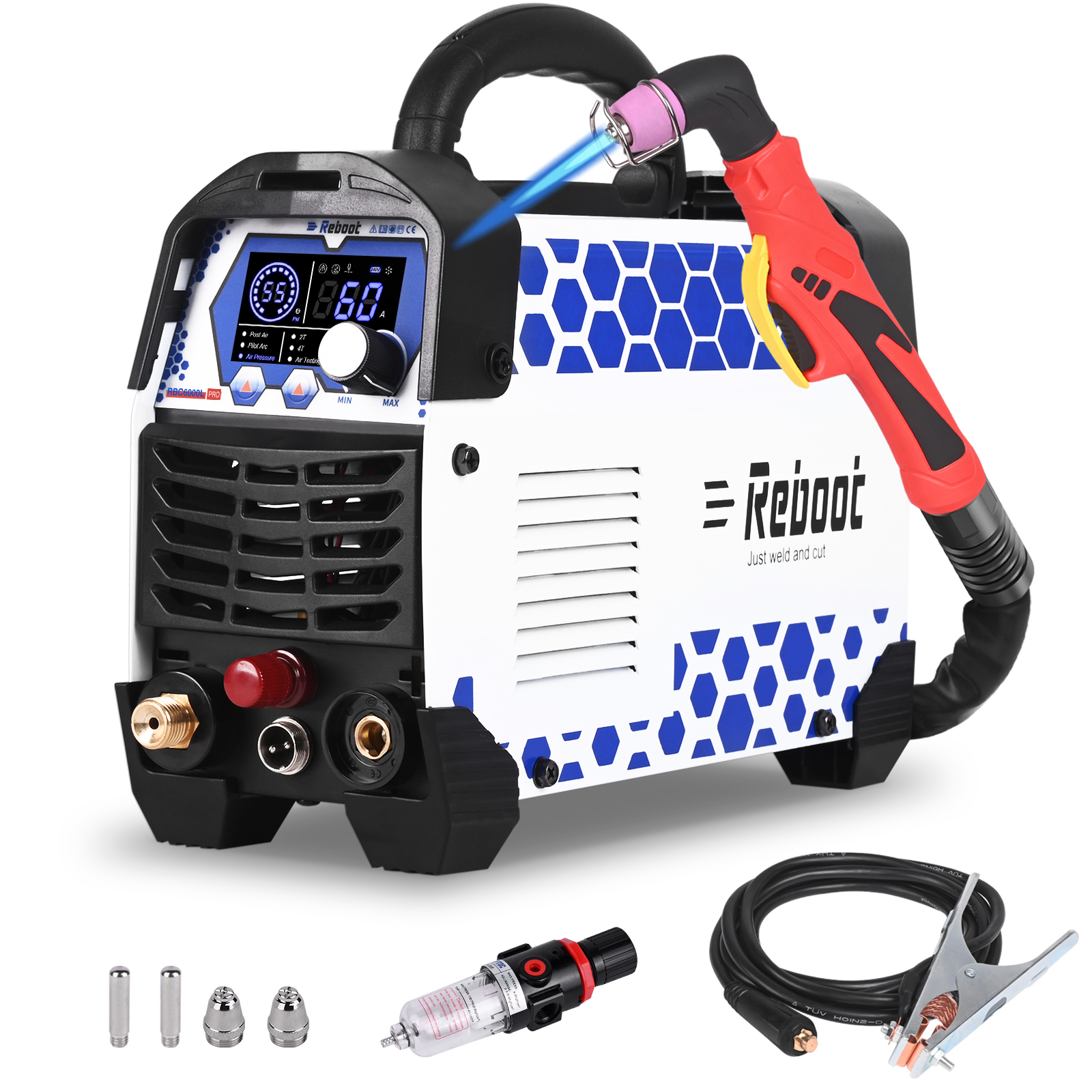 Reboot Pro 60A Plasma Cutter 2025, Pilot Arc Non-Contact Cutting, 120V/240V Dual Voltage,Large Digital Smart Screen, Enhanced for Metal/Mesh/Stainless Steel, 1/2'' Clean Cut 3/4