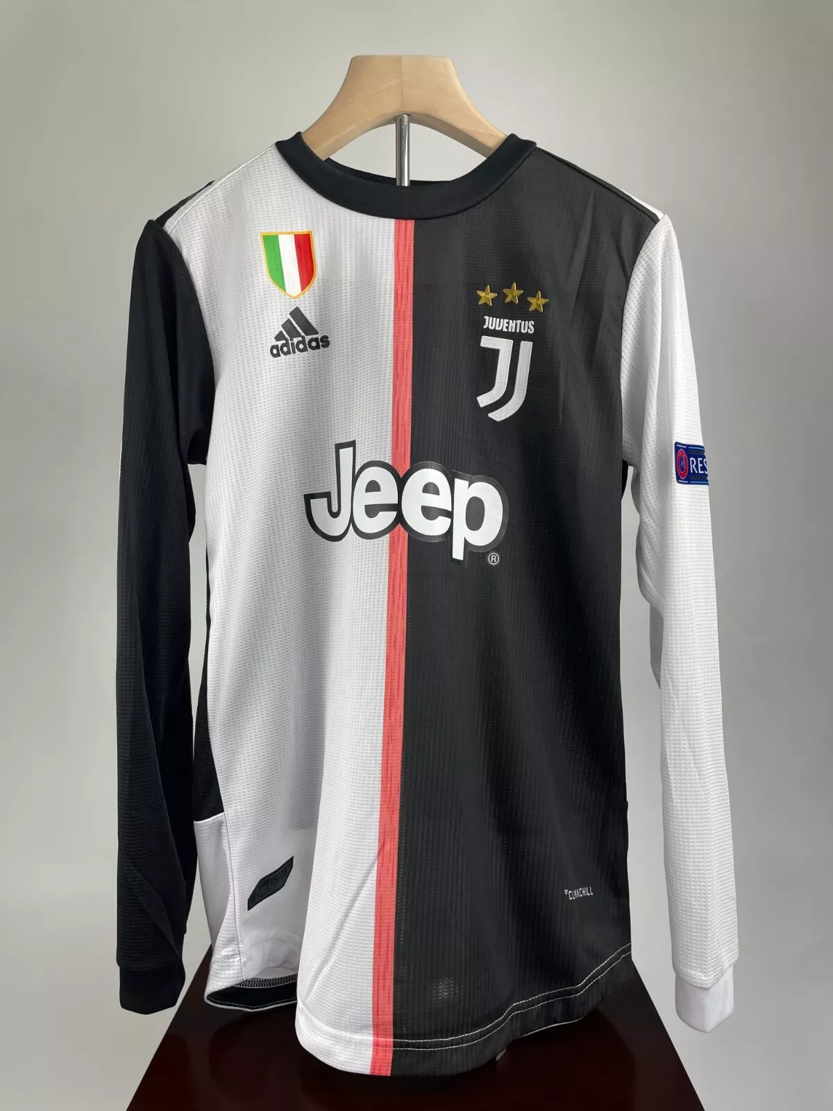 2019-20 Cristiano Ronaldo #7 Juventus Home Retro Player Version Soccer Jersey with UCL Patch - Long Sleeve