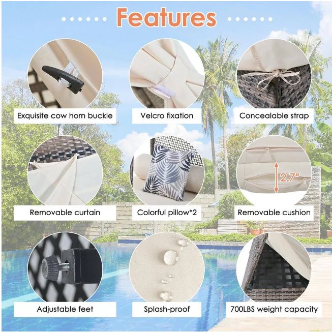 Brown Wicker Outdoor Day Bed with Beige Cushions and Colorful Pillows in Tent Shape