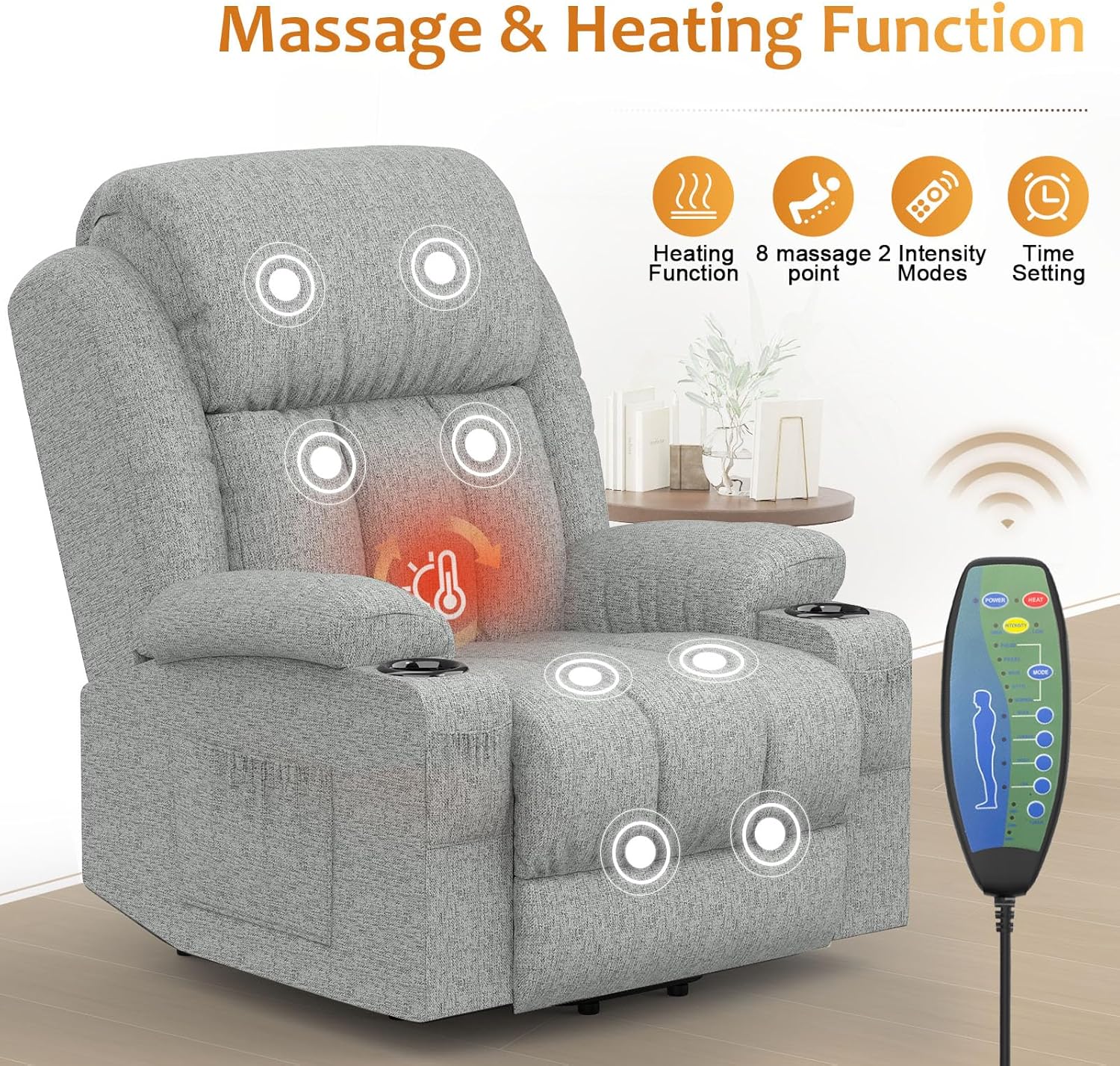 The TV armchair is electrically adjustable, featuring a standing-assisted massage armchair with massage heating function. It is an elderly armchair with 2 side pockets and a beverage rack, and is connected via USB+ c type