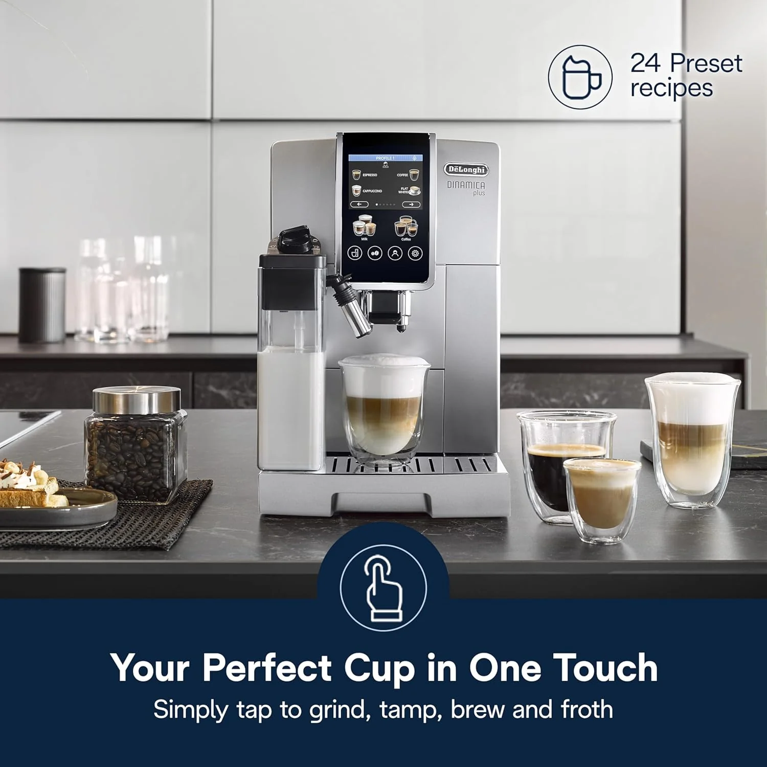 De'Longhi Dinamica Plus Fully Automatic Espresso Machine - Brew Personalized Coffee for up to 4 User Profiles, 24+ Recipes, Built in Grinder & Automatic Milk Steam Wand with 3 Frother Modes
