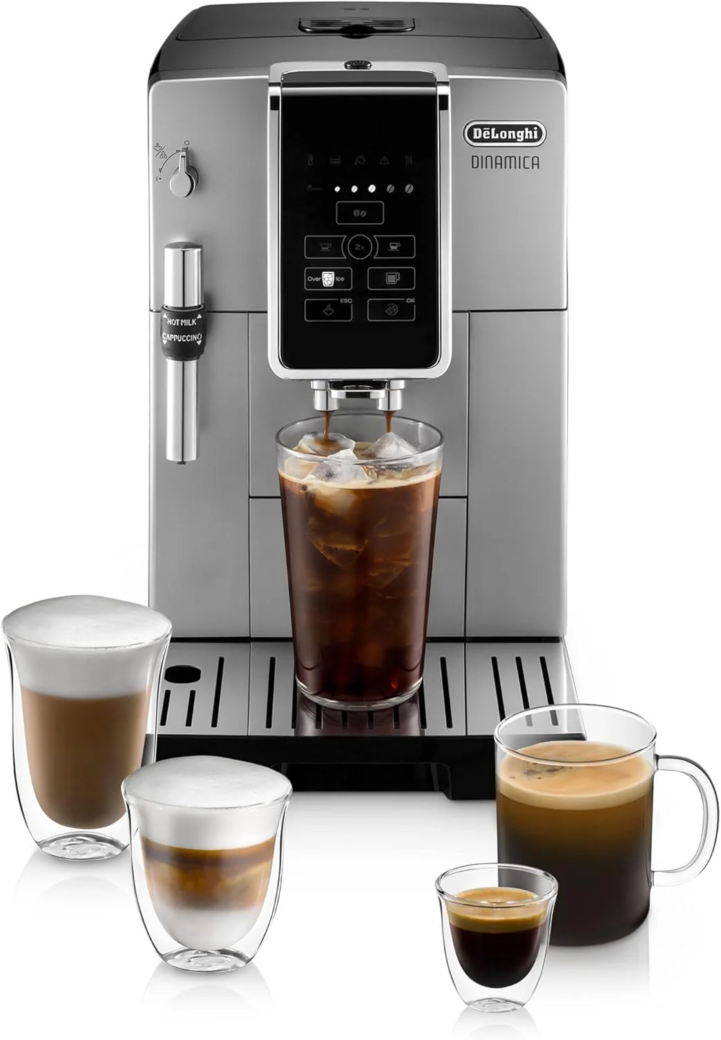 De'Longhi Dinamica Automatic Coffee & Espresso Machine, Iced-Coffee, Burr Grinder (White) (Renewed)