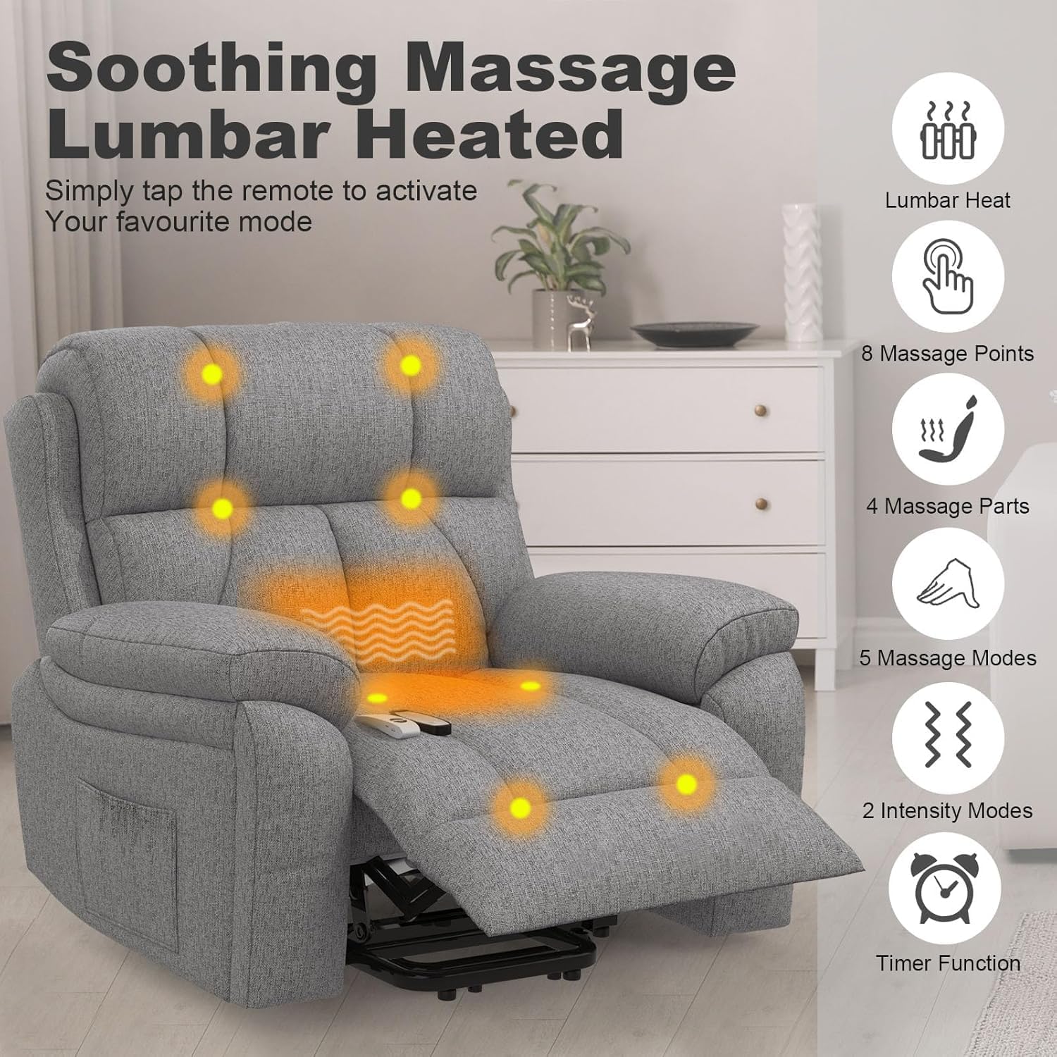 Electrically adjustable, auxiliary massage chair with massage heating function, high-end armchair, relaxation chair, 2 side pockets and drink rack, USB+ c type connector