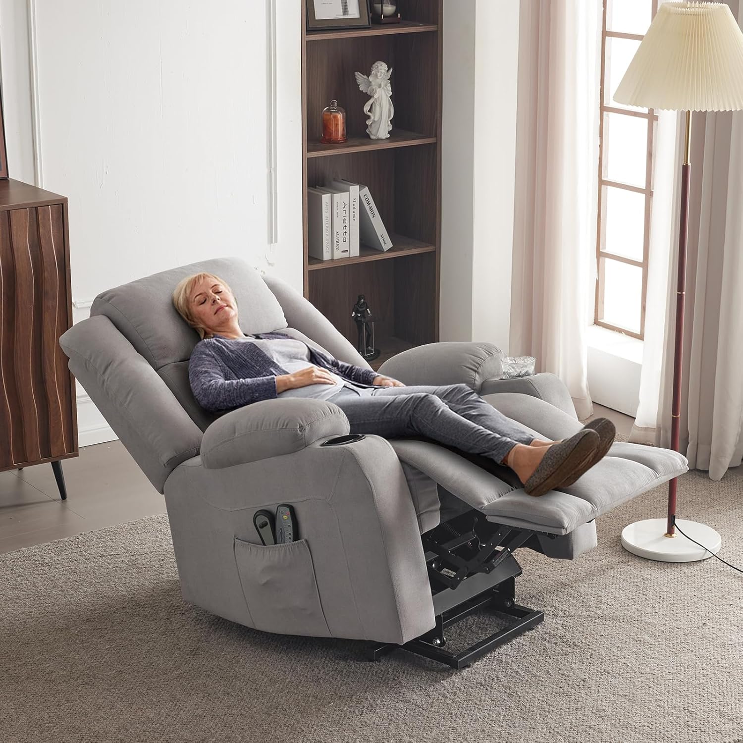 TV armchair with elevator relaxation armchair, electric massage chair with lounge chair function, lift assist, massage heating, 2 side bag drink rack, lounge chair TV armchair