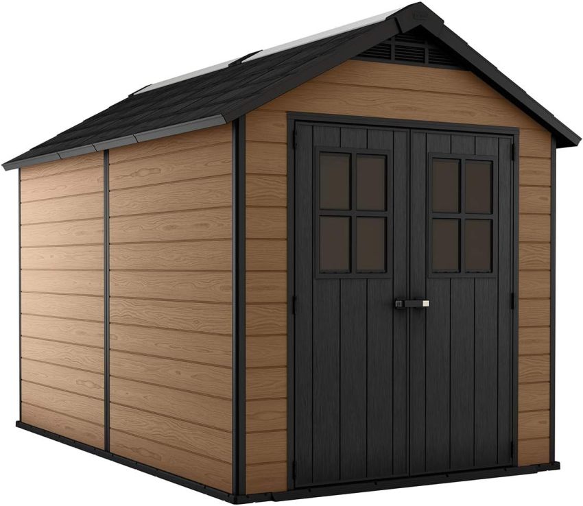 Keter Newton 7.5x11 Large Resin Outdoor Storage Shed Kit &ndash; Perfect to Store Patio Furniture, Garden Tools, Bike Accessories, and Lawn Mower, Mahogany Brown