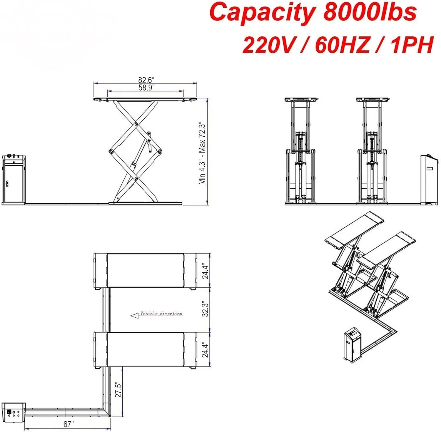 KT-X95 Full Rise Scissor Lift Mid Rise Lift Auto Car Lift Electric Lock Release 220V