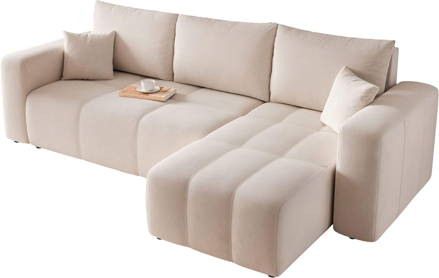 GREKPOL Convertible Corner Sofa 145 x 248 cm Left or Right – 3 Seater Sofa Convertible Cream with Storage Space