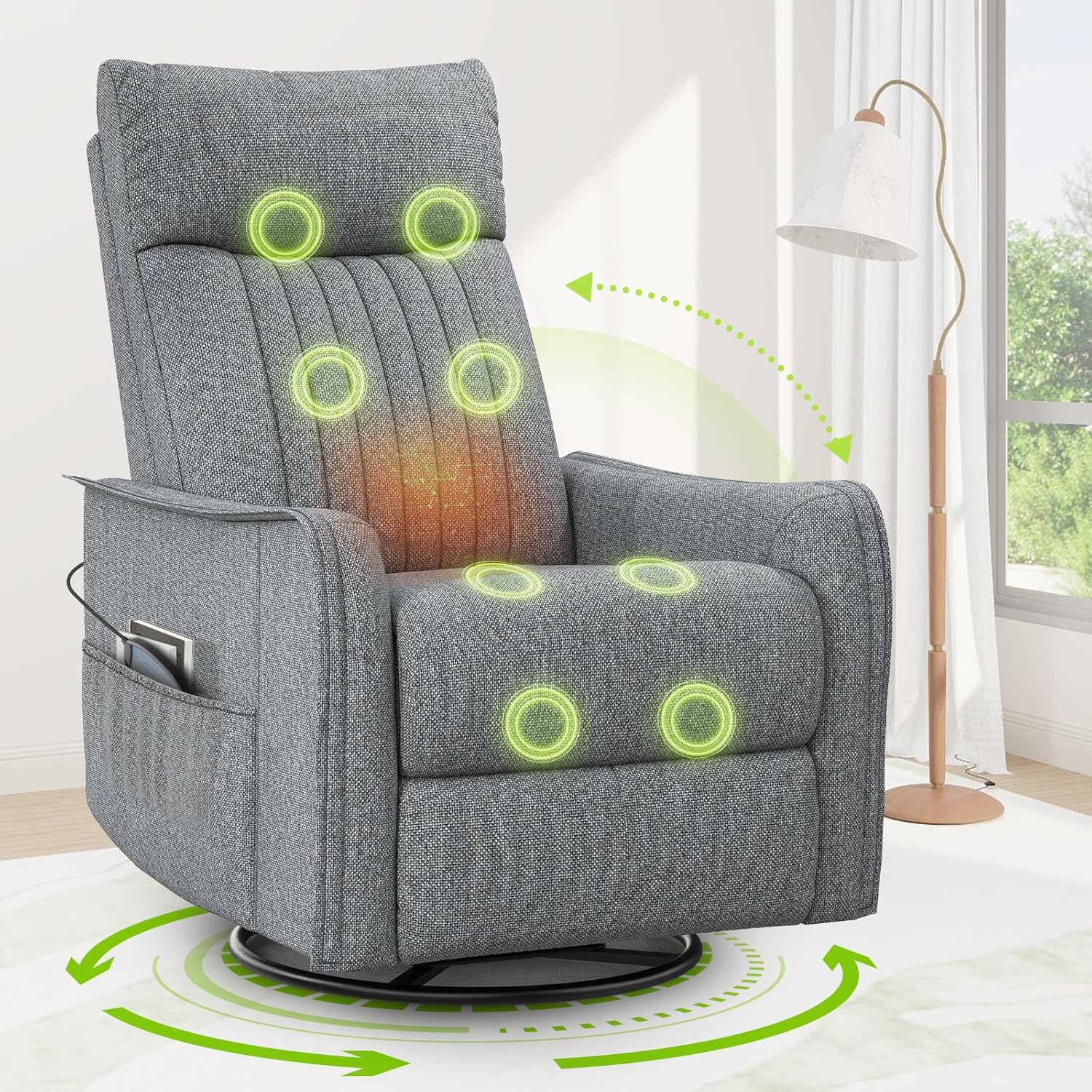 TV armchair with lounge chair, massage chair, relaxation chair with heating and massage, 360° rotating TV armchair, living room, swing chair with soft cushion headrest, 2 side pockets
