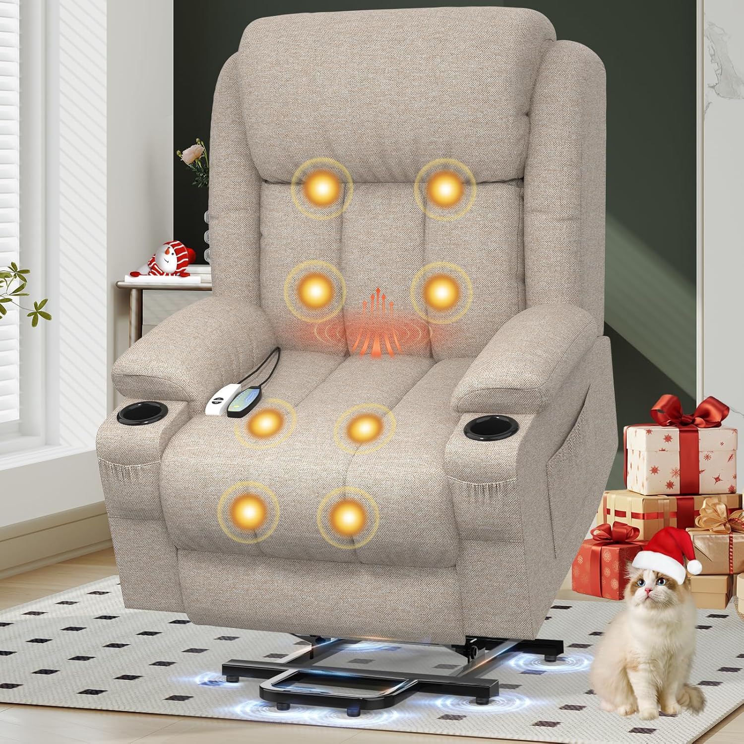TV armchair, massage armchair, electric relaxation armchair with lounge chair function, stand up assist, massage heating, foot section, beverage rack, 4-side pocket, C-shaped and USB interface TV armchair lounge