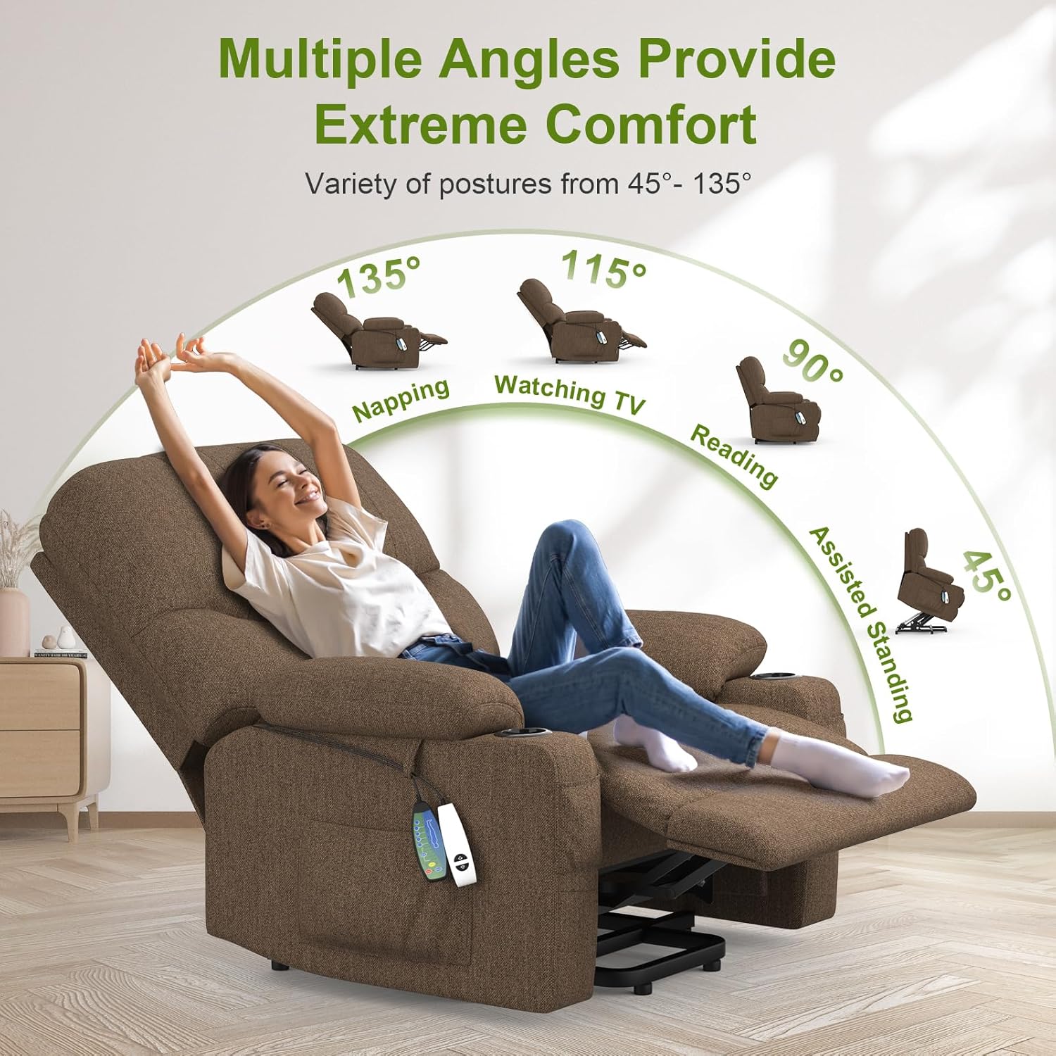 TV armchair, relaxation armchair, massage armchair, heating function, stand up assist, lie down function, electrically adjustable TV armchair, living room with USB&Type-C & cup holder and bag